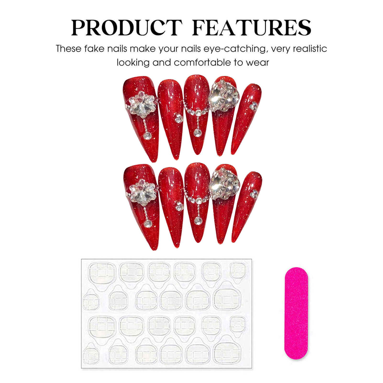 10pcs Handmade Red False Nails - Pressed Flower Art のレビューと価格