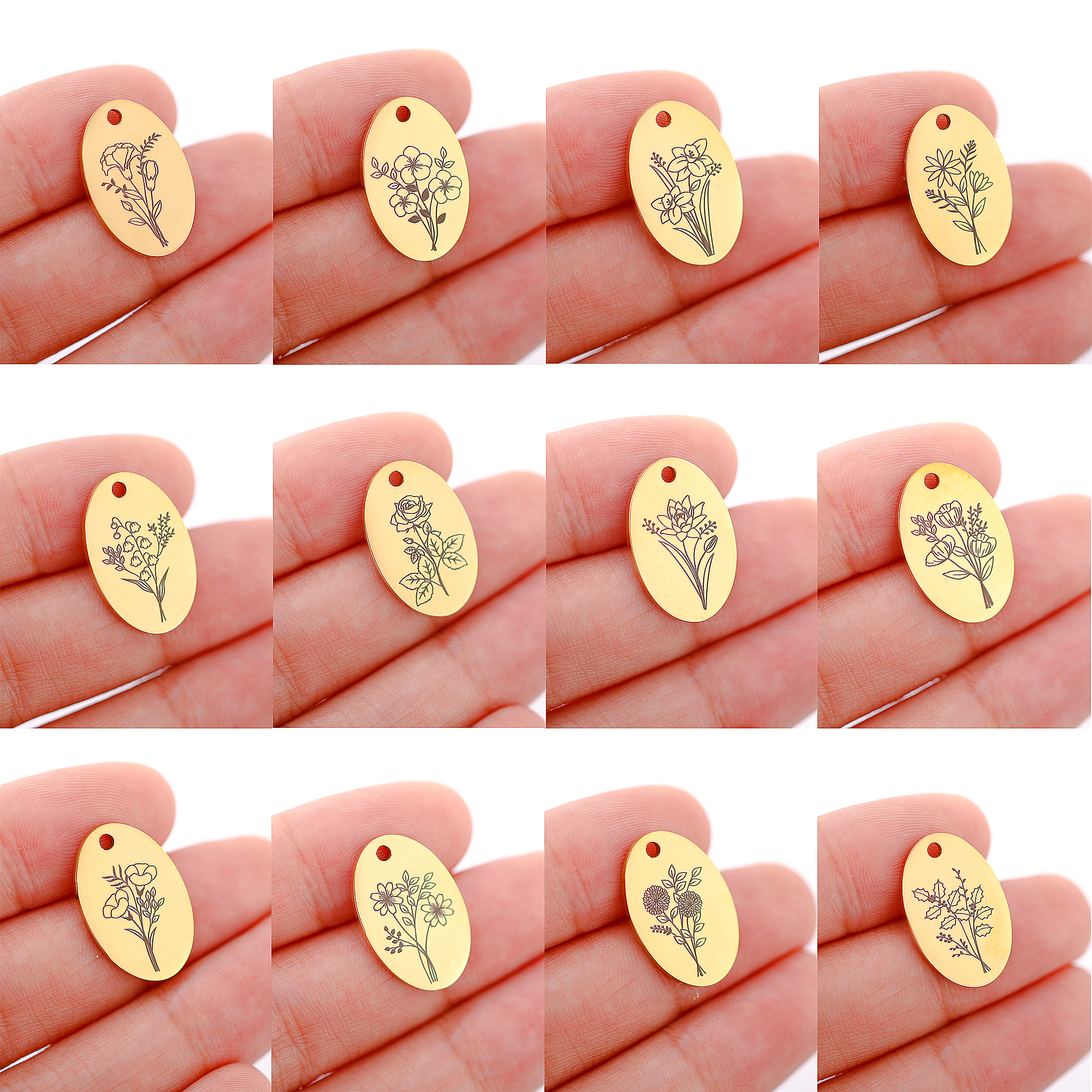 5Pcs Oval Birth Month Flower P - Birth Flower Necklace のレビューと価格