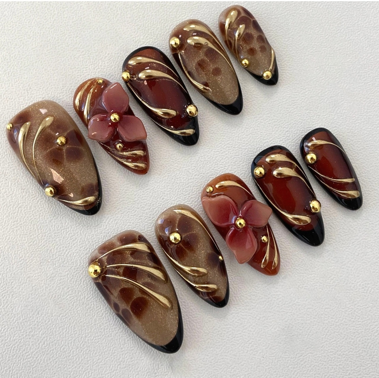 24pcs Leopard Print Brown Nail - Pressed Flower Art のレビューと価格