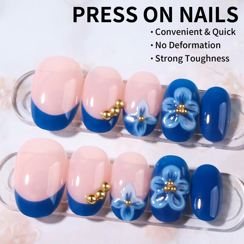 24pcs Short Oval 3D Gel Nail S - Pressed Flower Art のレビューと価格