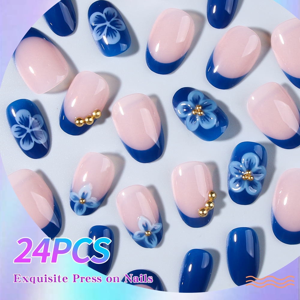 24pcs Short Oval 3D Gel Nail S - Pressed Flower Art のレビューと価格