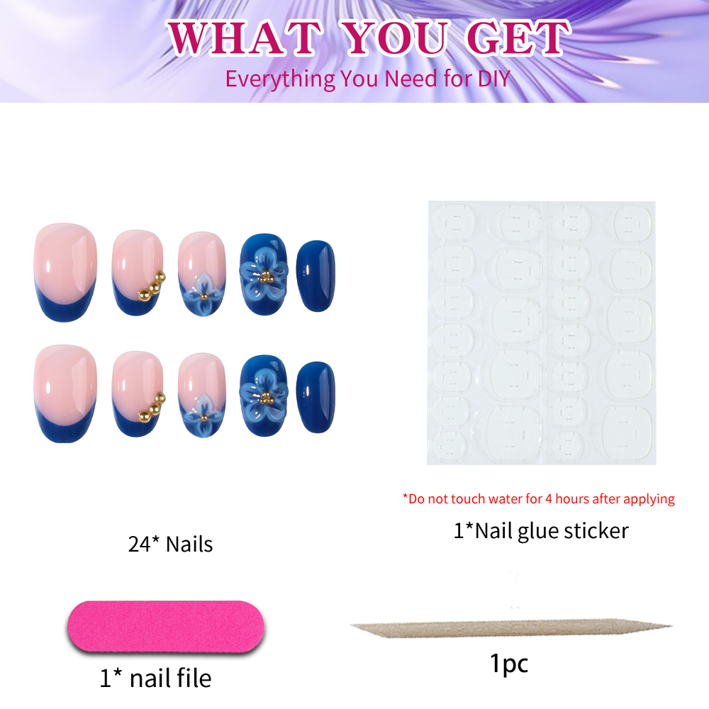 24pcs Short Oval 3D Gel Nail S - Pressed Flower Art のレビューと価格