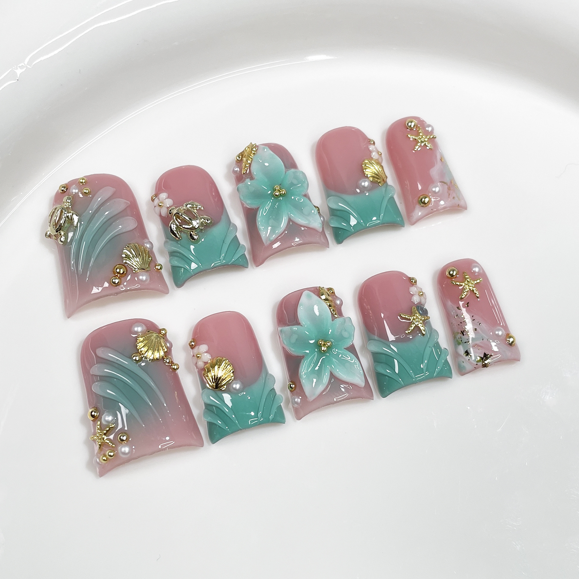 10pcs Ocean Style Fake Nails D - Pressed Flower Art のレビューと価格